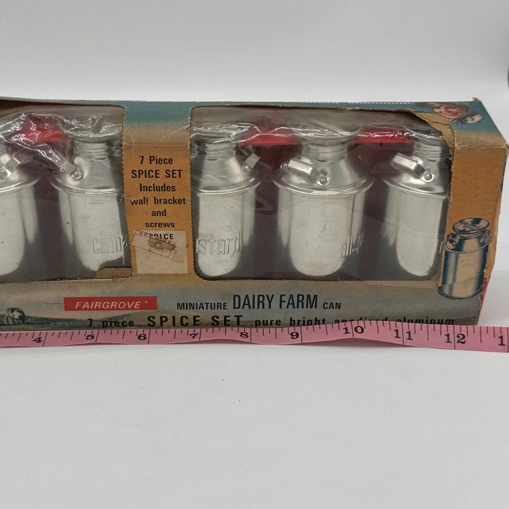 Vintage Fairgrove Miniature Dairy Farm Milk Can Aluminum Spice Shaker Set Boxed